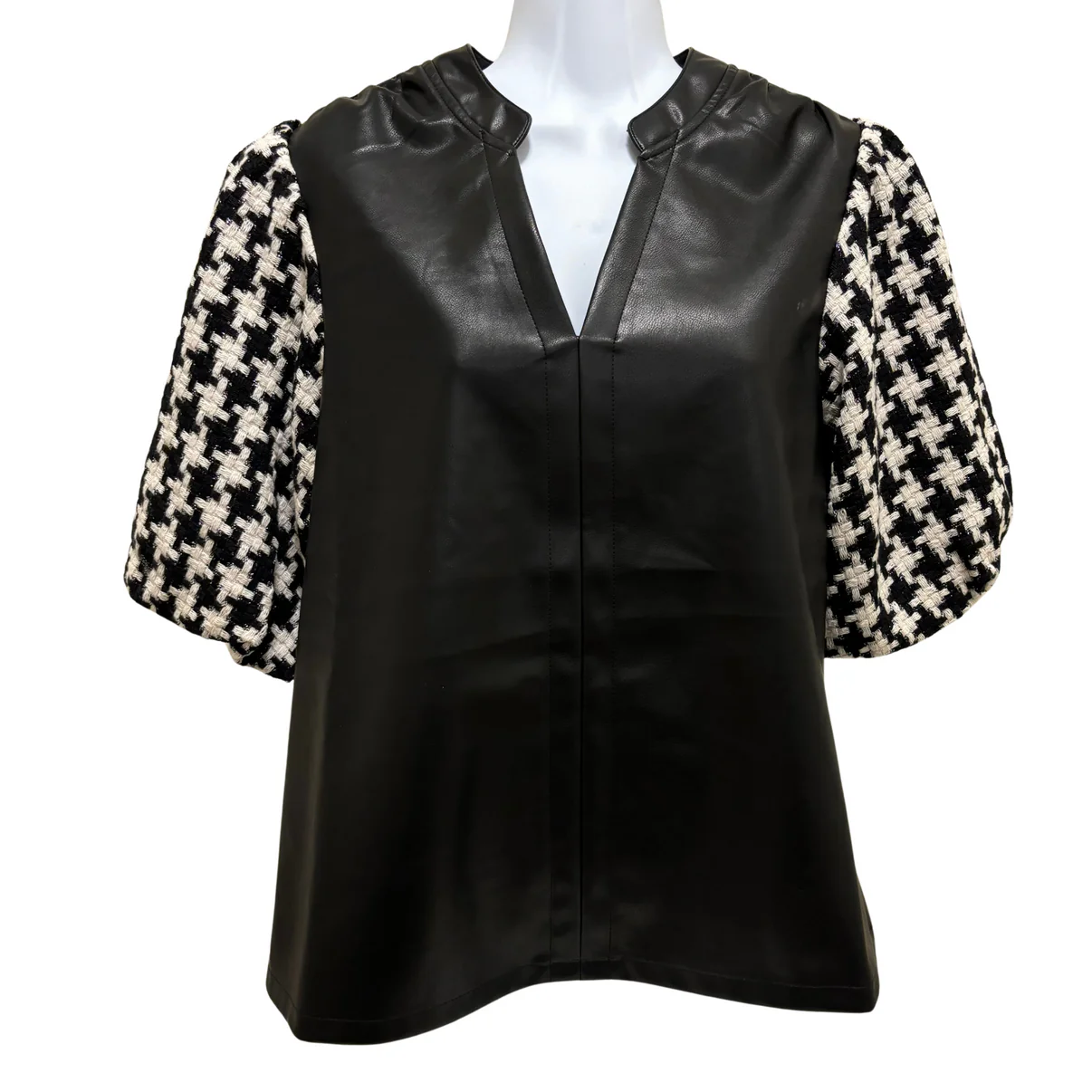 Pleather Top with Houndstooth Sleeve